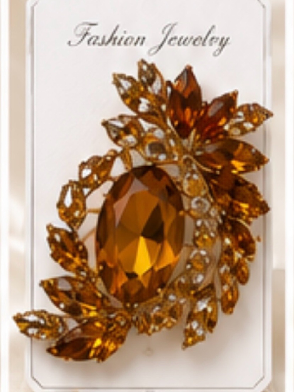 Fashion Jewelry Golden Amber Crystal Leaf Brooch